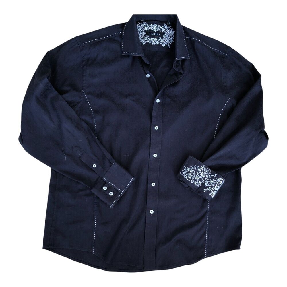 Zagiri Men Navy Long Sleeve Button Down White Stitching Emroidery Dress Shirt XL - Picture 2 of 16